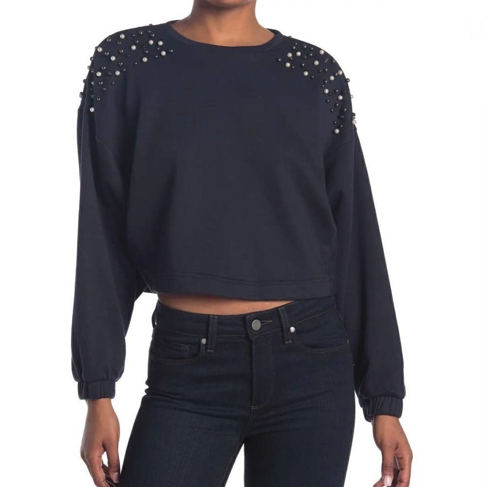 NWT 14TH & UNION Faux Pearl Crew Neck Sweatshirt In Navy Night Size XL